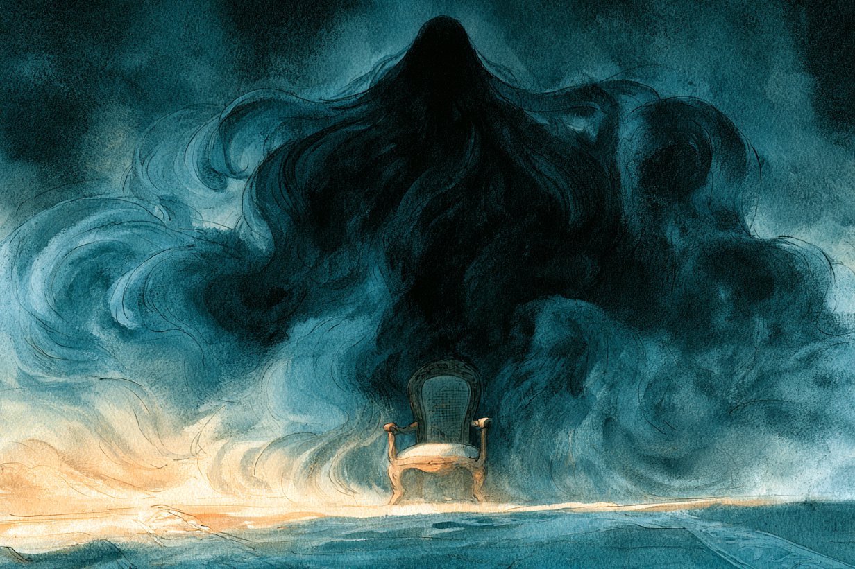 Watercolor illustration of the batibat, a towering dark figure whose long hair pours out like storm clouds, rising behind an empty old armchair in a dim blue room