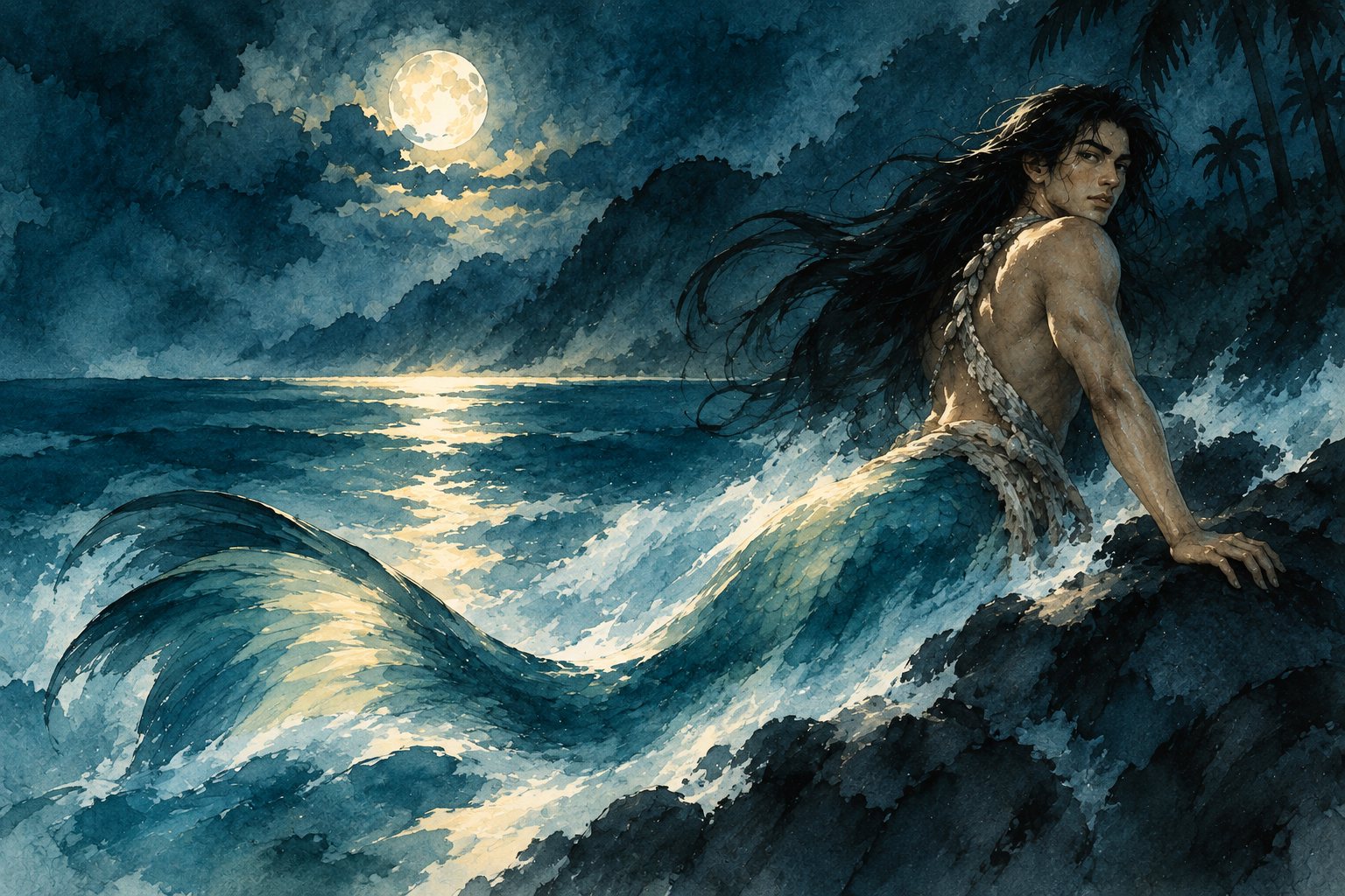 Watercolor illustration of a kataw, a Visayan merman with long black hair and a blue-green scaled tail, resting on dark shoreline rocks under a full moon as waves break around him