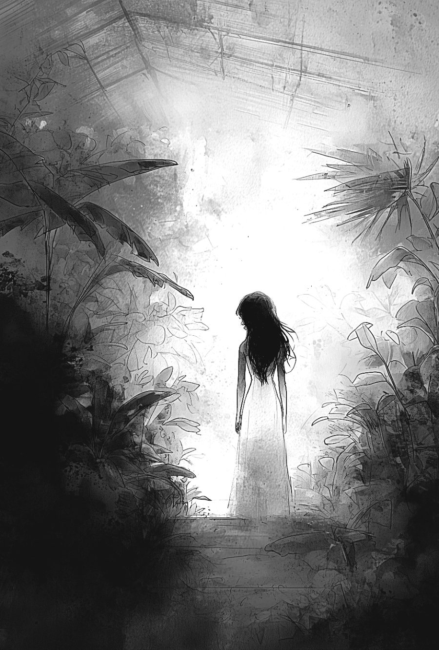 Black-and-white interior illustration from Part One of Tiktik: A Summer of Three Names, showing a woman with her back to the reader