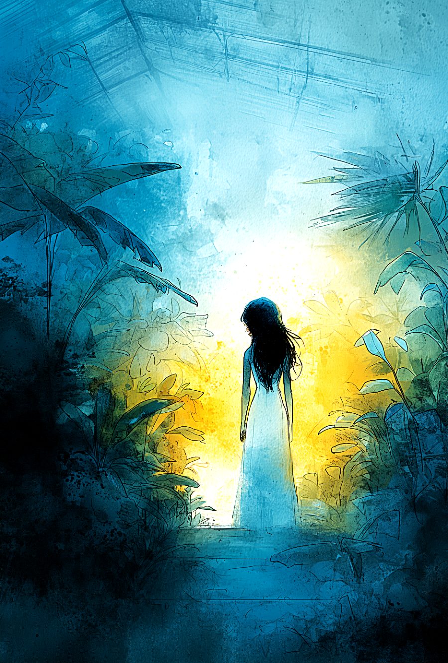 Full-color interior illustration from Part One of Tiktik: A Summer of Three Names, showing a woman with her back to the reader