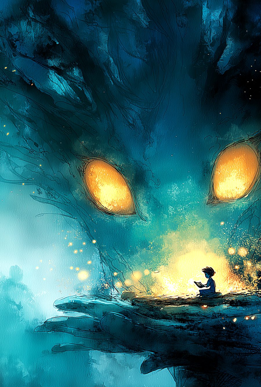 Full-color interior illustration from Part Two of Tiktik: A Summer of Three Names, a close-up of the kapre's eyes watching from the trees