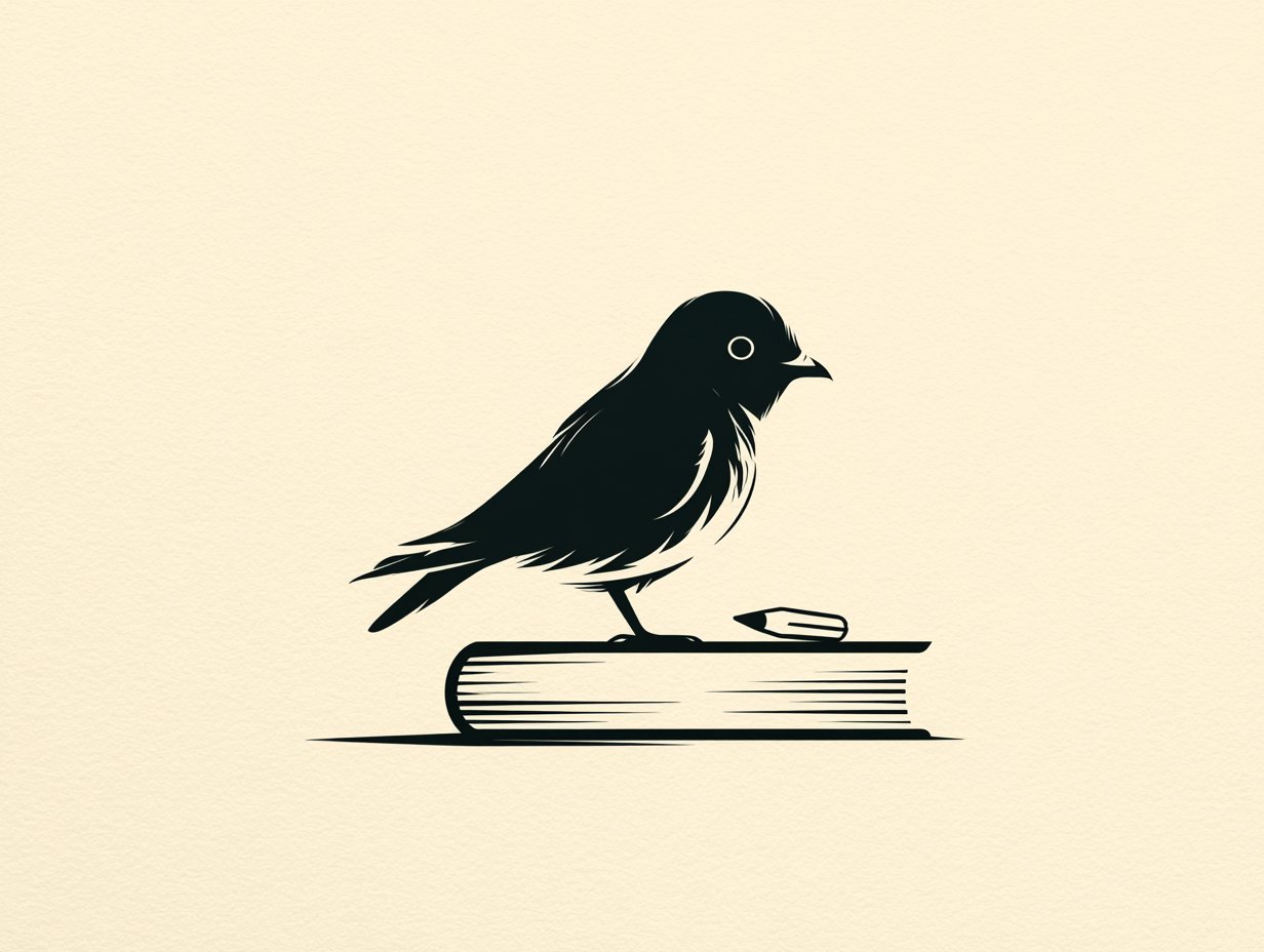 Illustration of a small bird perched on a closed book beside a pencil, representing the free teacher's discussion guide for Tiktik: A Summer of Three Names